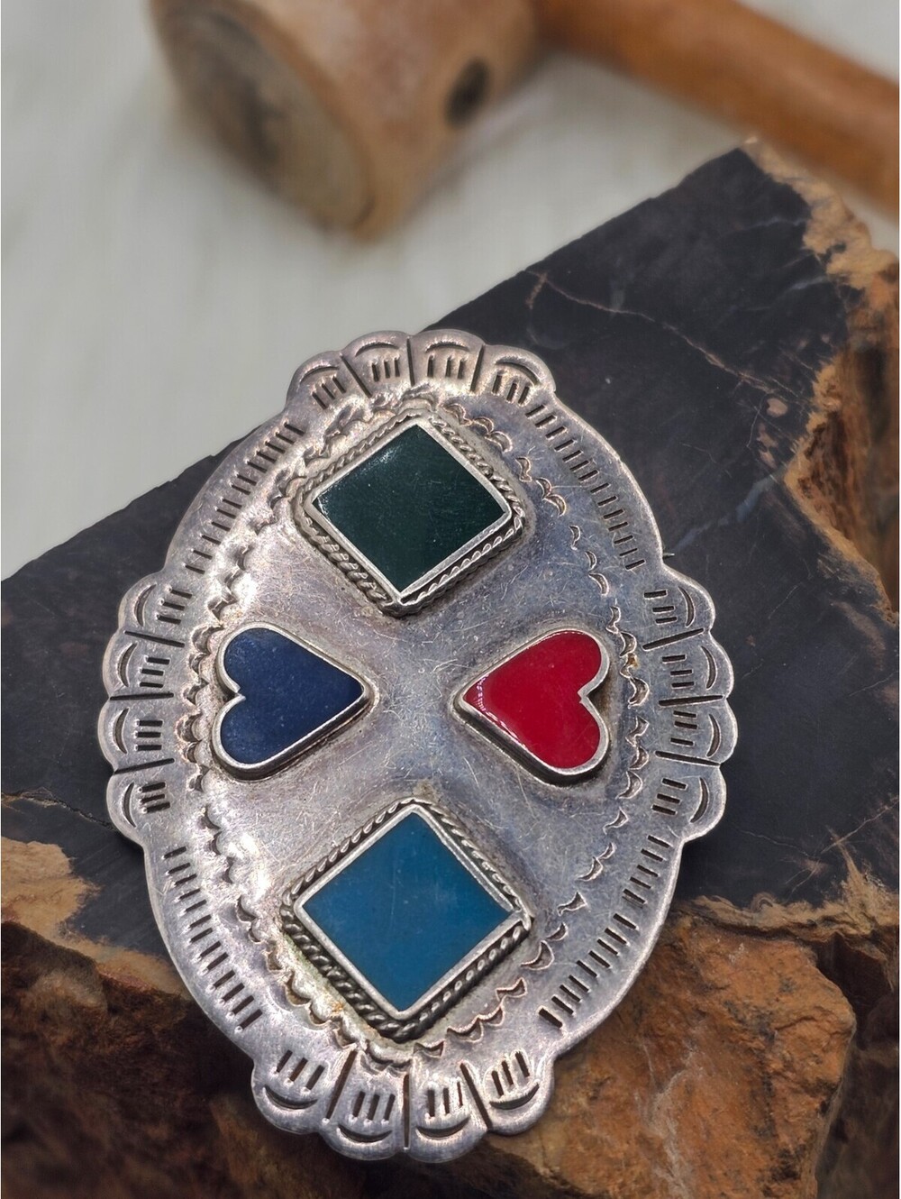 Vintage Mexico 925 Silver Inlay Geometric Brooch 21g